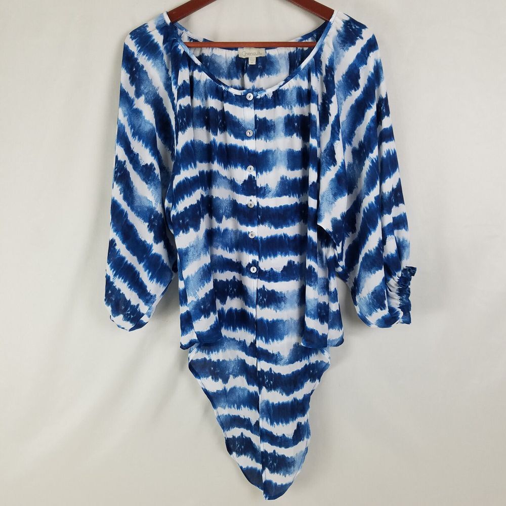 Chenault Shirt Womens‎ Medium Blue White Top Long Balloon Sleeve Round Neck
